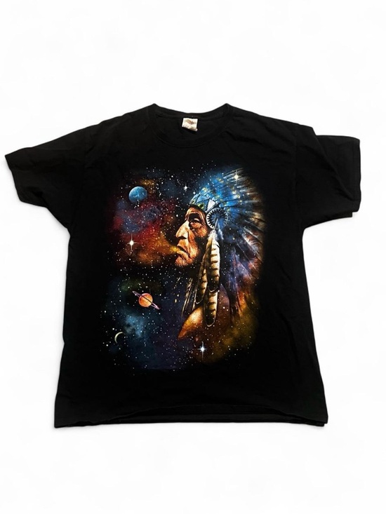 Fruit of the Loom Other - Black Graphic Tee with Native Chief Space Illustration - Men #vintage
